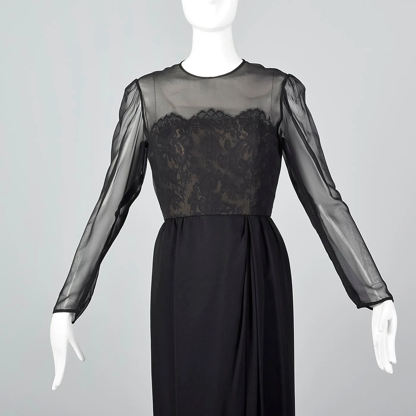 Michael Novarese Long Sleeve Black Evening Dress with Lace Illusion Bodice