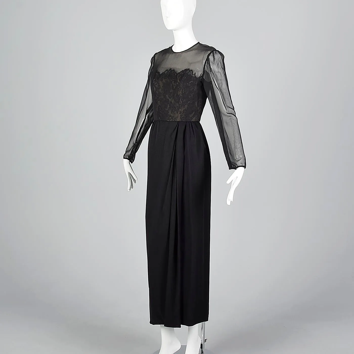 Michael Novarese Long Sleeve Black Evening Dress with Lace Illusion Bodice