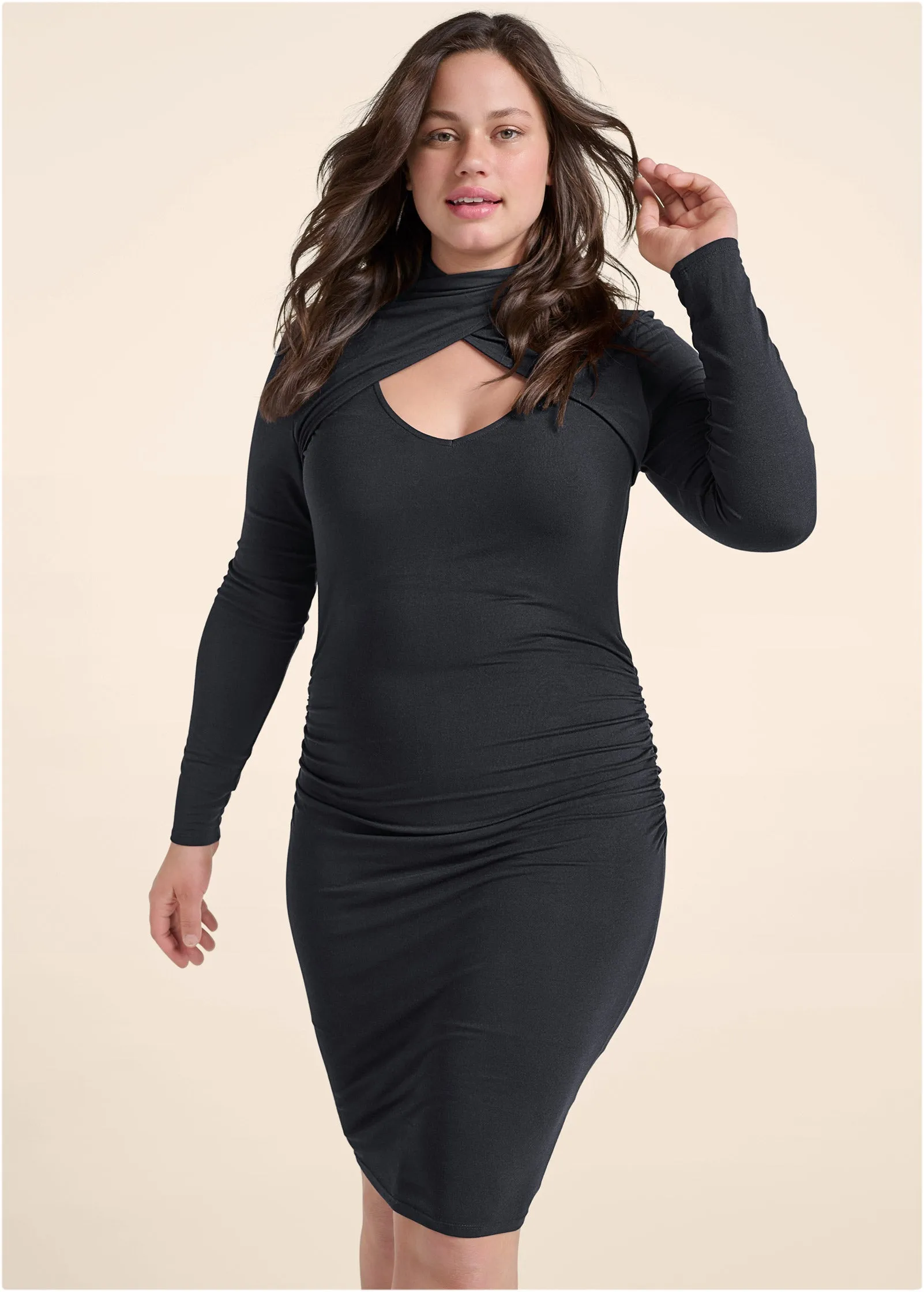 Mock-Neck Casual Dress  - Black