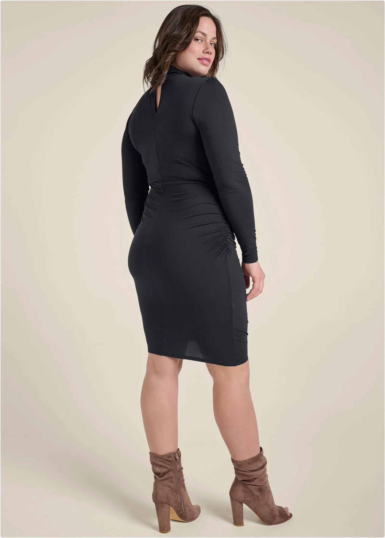 Mock-Neck Casual Dress  - Black