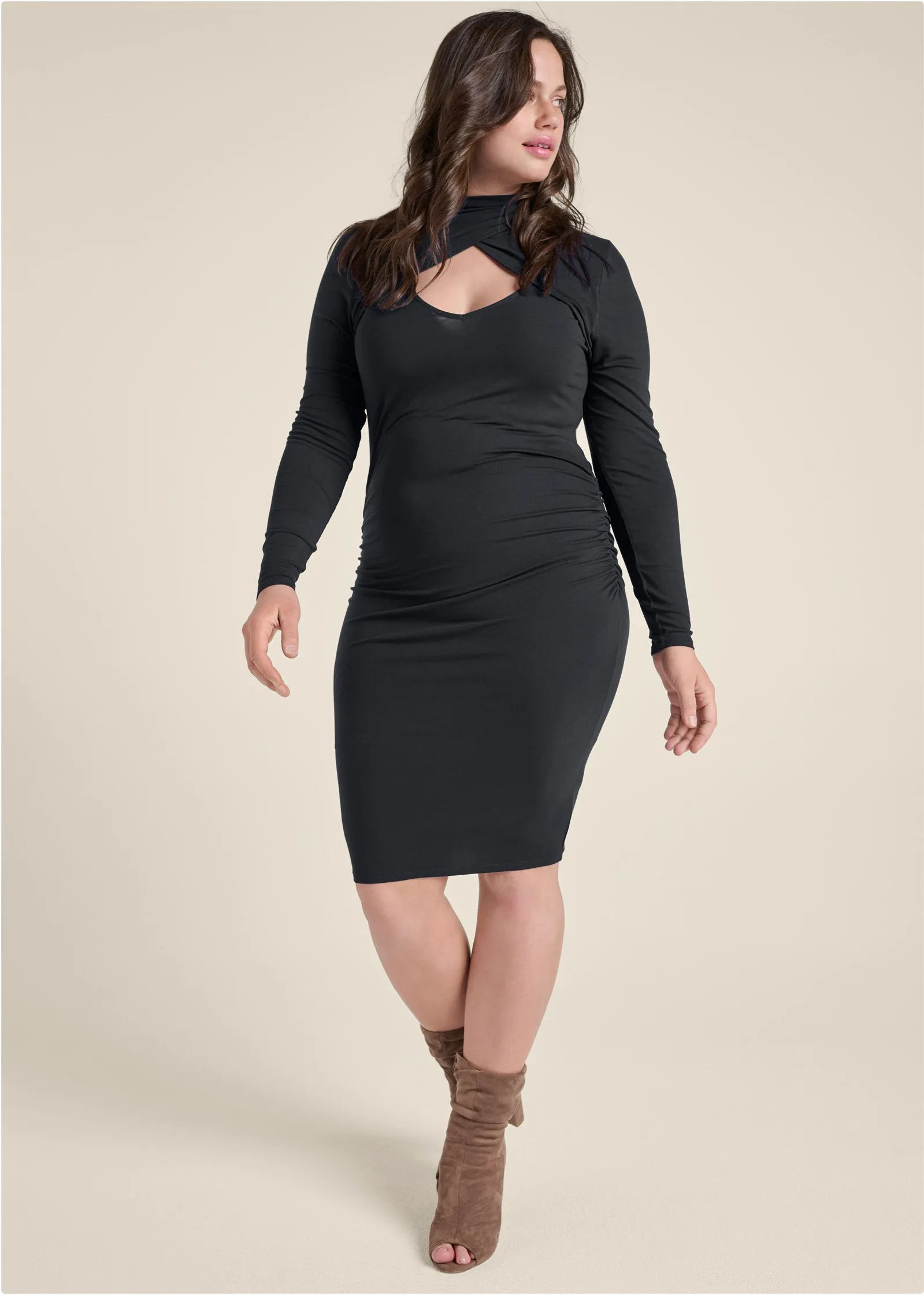 Mock-Neck Casual Dress  - Black