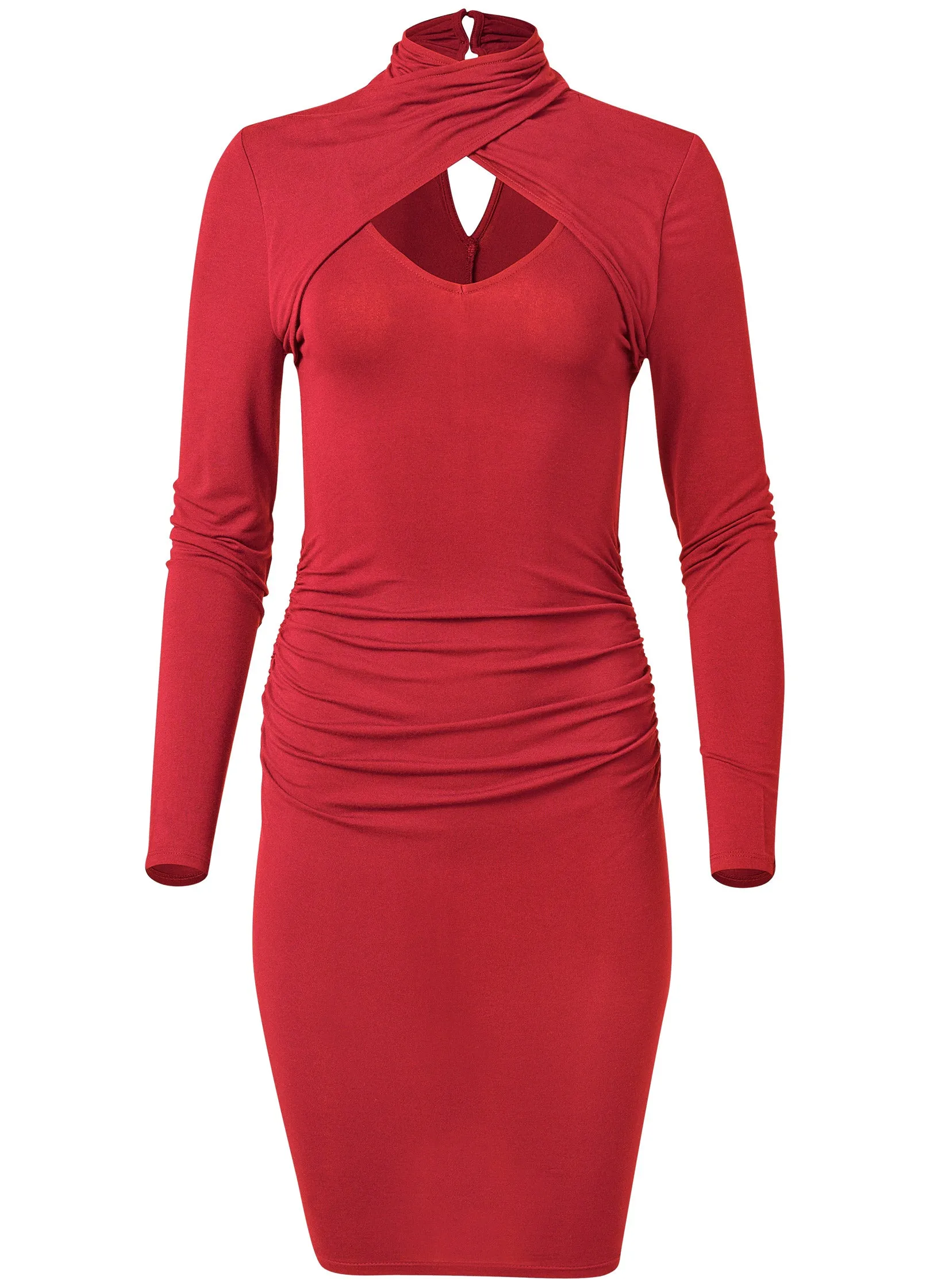 Mock-Neck Casual Dress  - Red