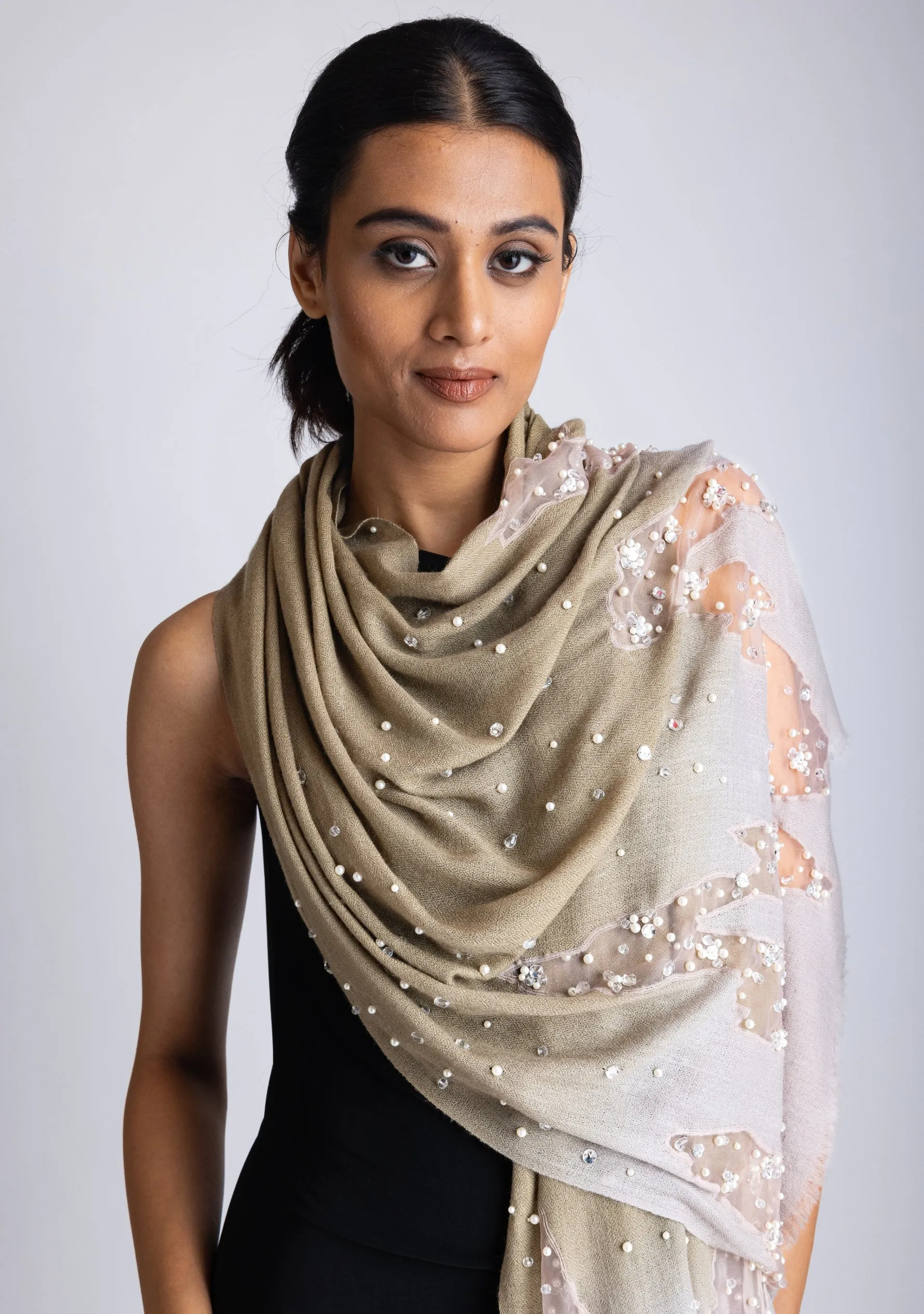 Mousse-Khaki Ombre Cashmere Scarf with Silver Rhinestones and White Pearls