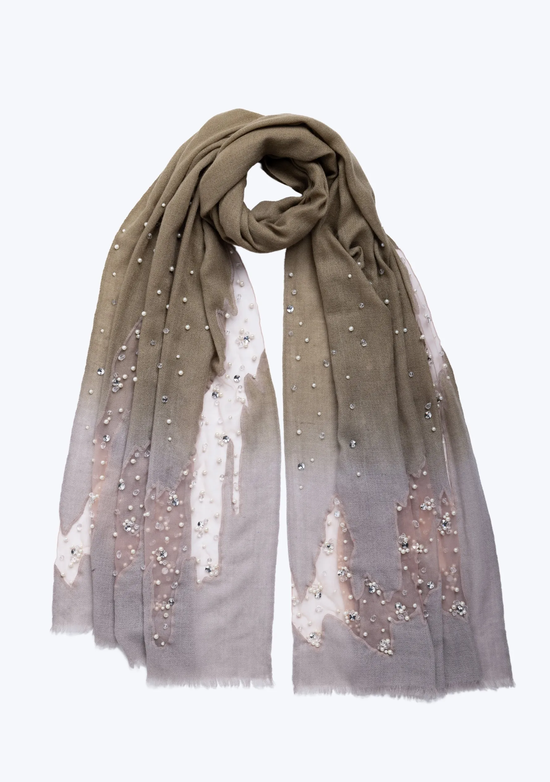 Mousse-Khaki Ombre Cashmere Scarf with Silver Rhinestones and White Pearls