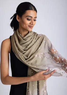 Mousse-Khaki Ombre Cashmere Scarf with Silver Rhinestones and White Pearls