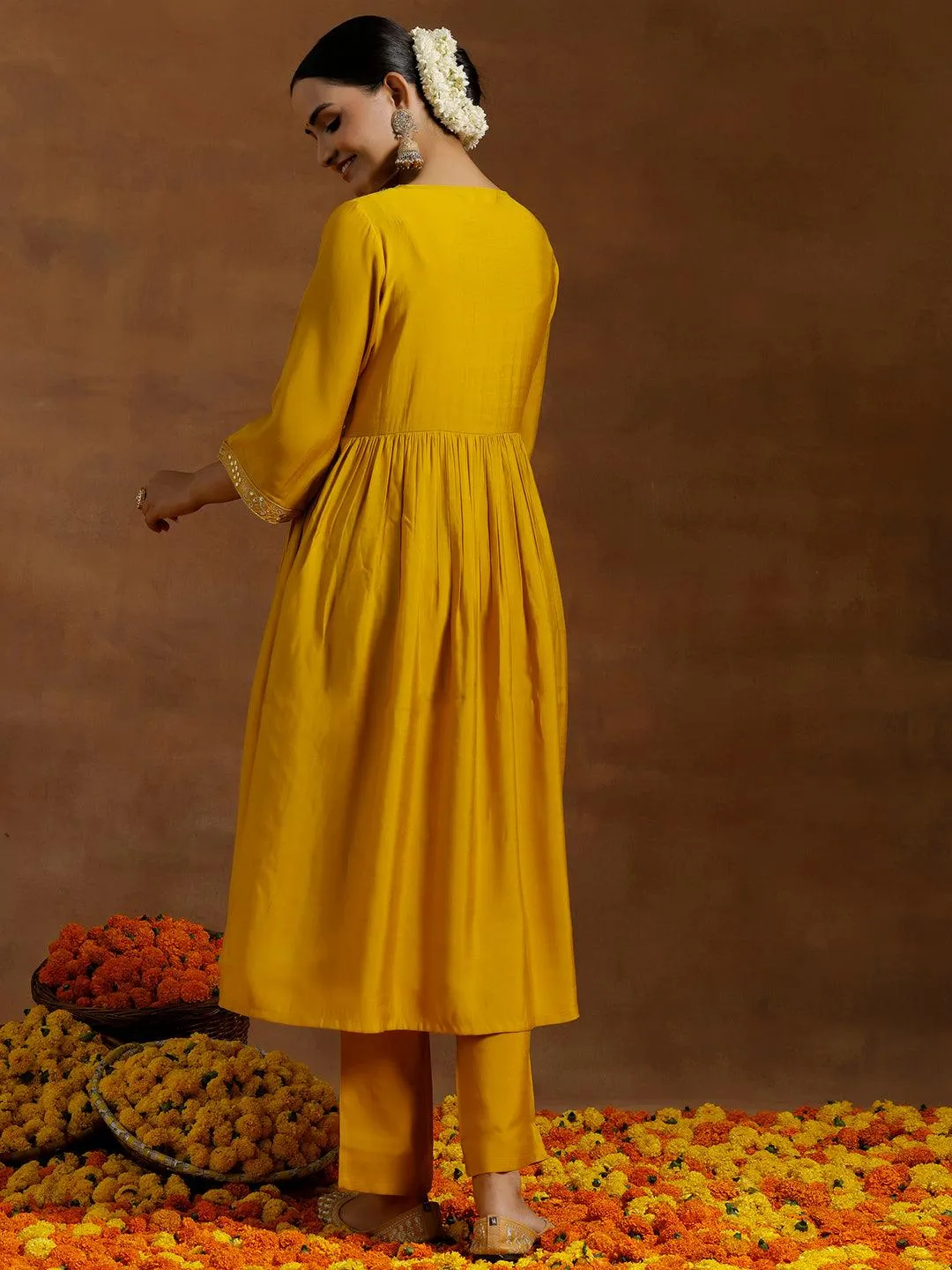 Mustard Solid Silk Blend A-Line Kurta With Trousers