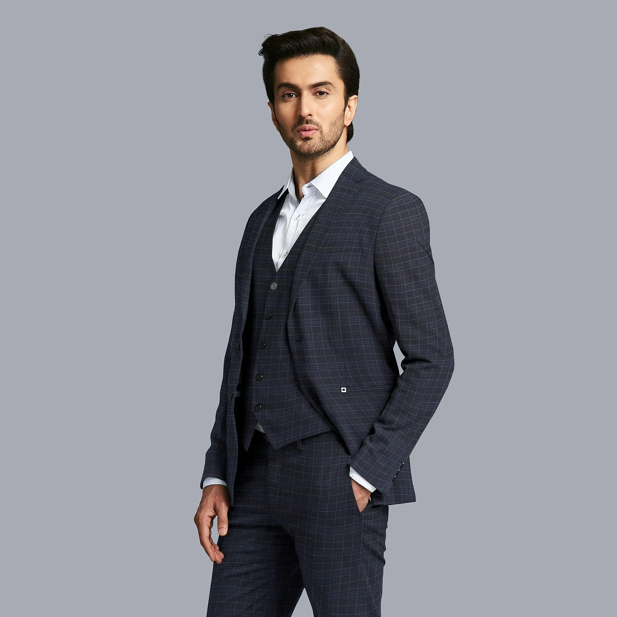 Navy blue Premium English Super 150's wool and cashmere with blue and grey checks design-D11422