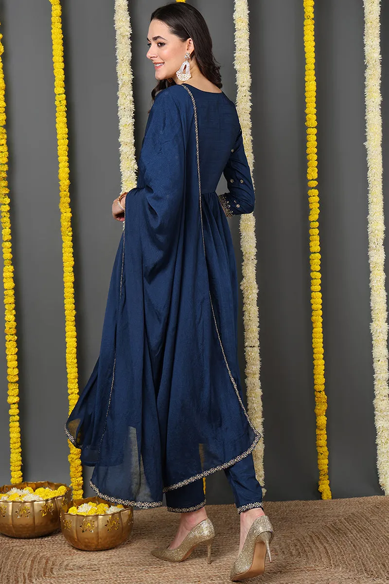 Navy Blue Silk Blend Solid Embroidered Flared Suit Set