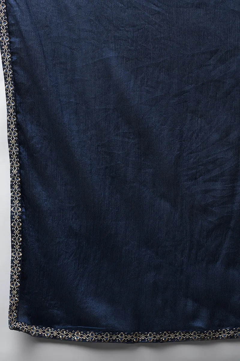 Navy Blue Silk Blend Solid Embroidered Flared Suit Set