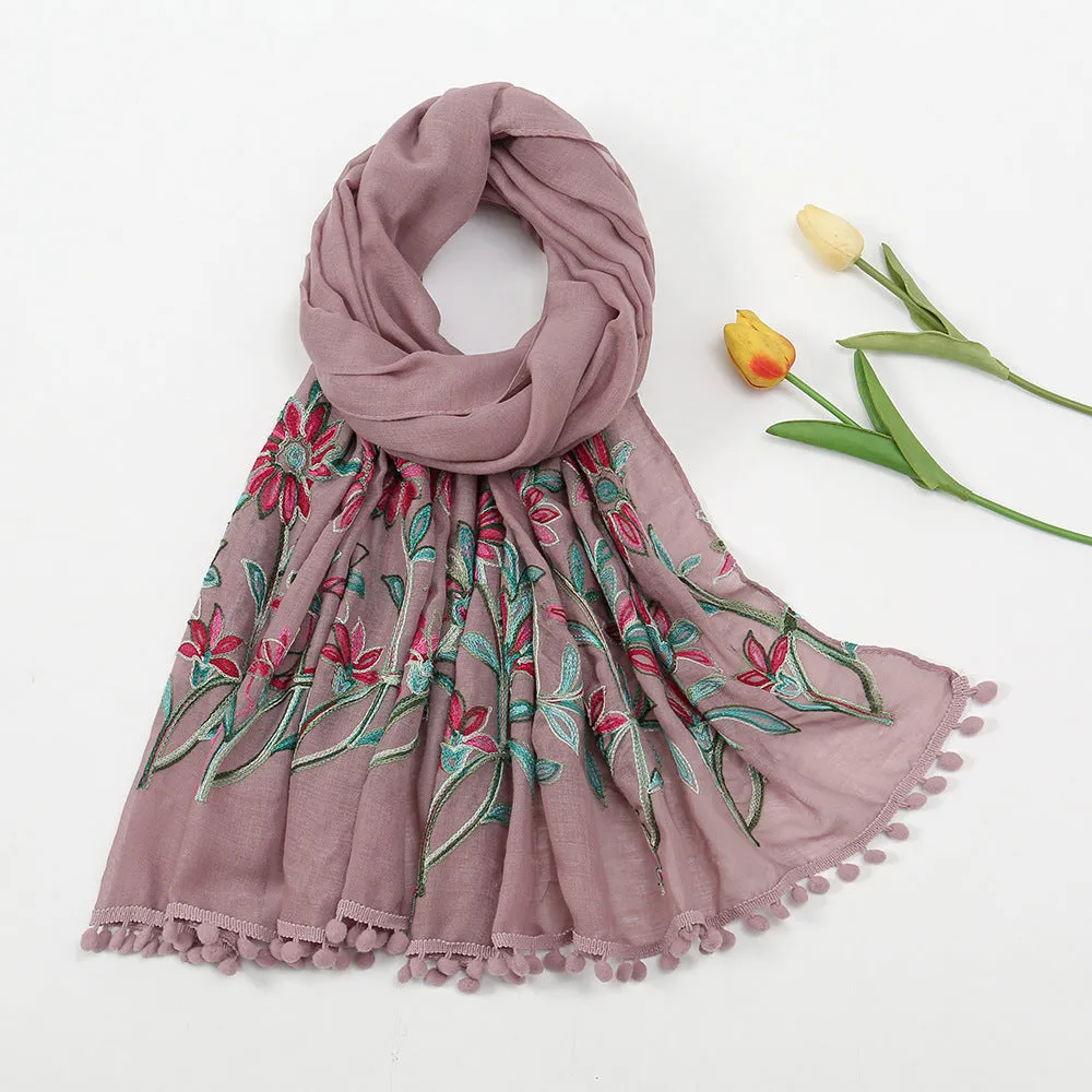 New Embroidered Furball Scarf, Cotton and Linen Shawl, Women's Ethnic Style Retro Style, with Spring and Autumn Scarf