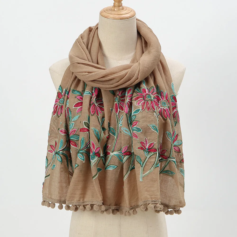 New Embroidered Furball Scarf, Cotton and Linen Shawl, Women's Ethnic Style Retro Style, with Spring and Autumn Scarf