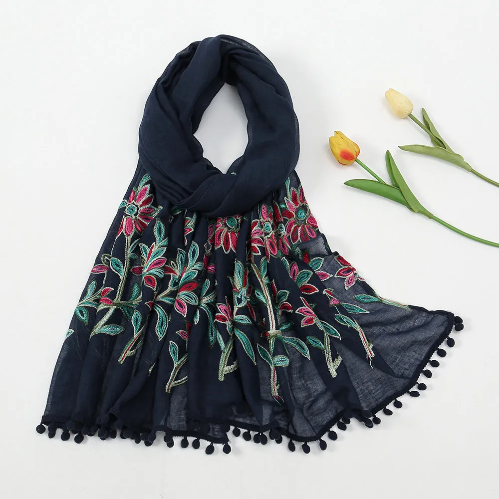 New Embroidered Furball Scarf, Cotton and Linen Shawl, Women's Ethnic Style Retro Style, with Spring and Autumn Scarf