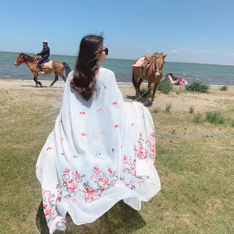 New Super Large Imitation Silk Embroidered Scarf Big Red Shawl with Flower Hat