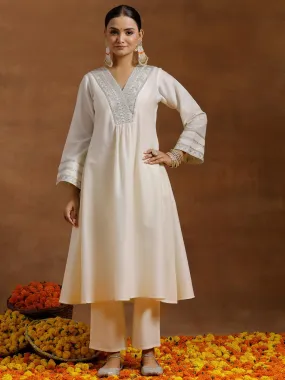 Off white Yoke Design Silk Blend A-Line Kurta With Trousers