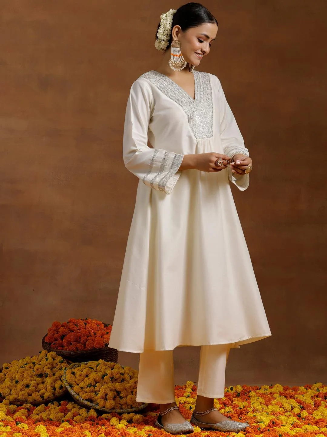 Off white Yoke Design Silk Blend A-Line Kurta With Trousers