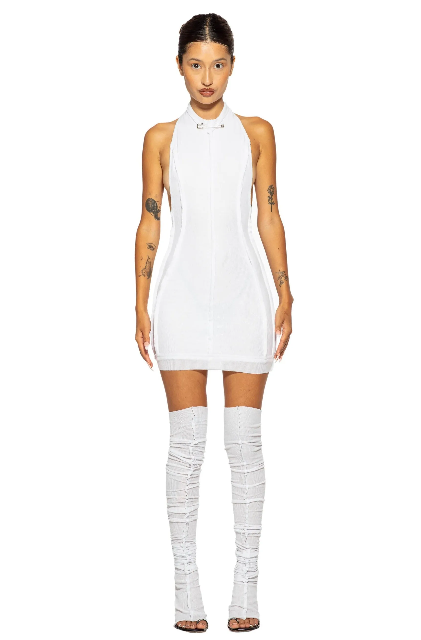 OPEN SEAM LOW BACK HALTER DRESS IN WHITE RIB