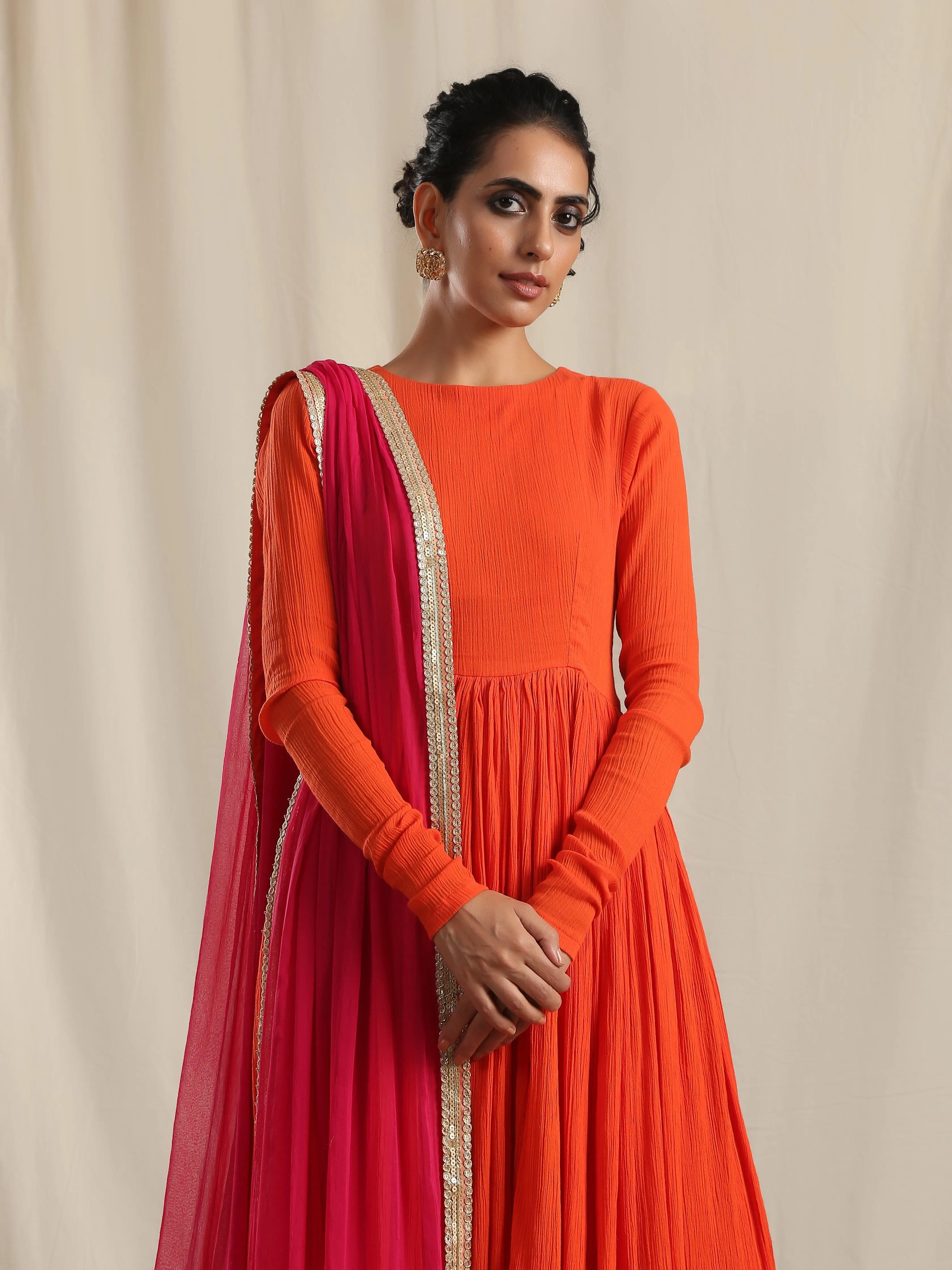 Orange Crinkle Flared Kurta Pant Dupatta Set | Relove