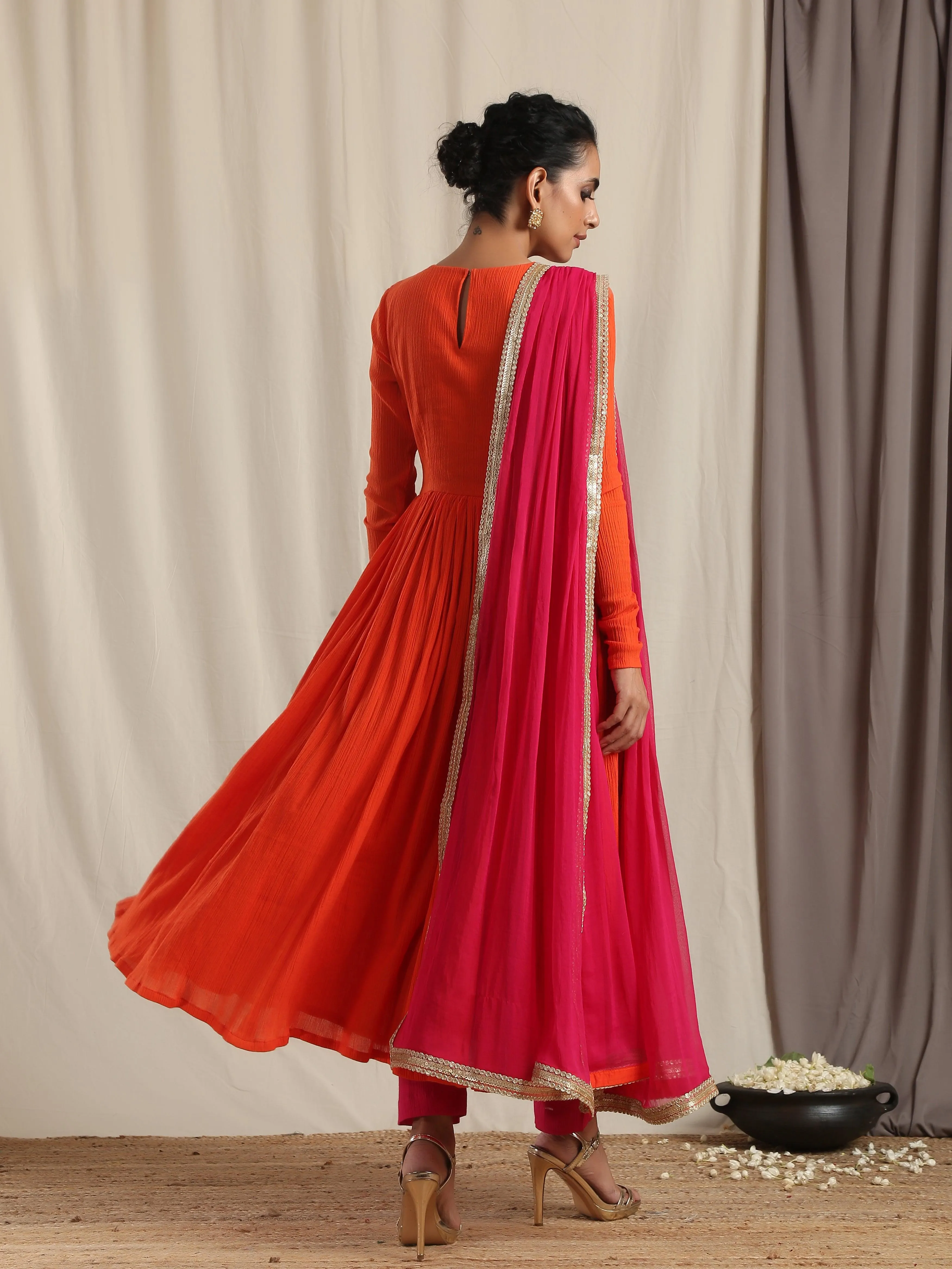 Orange Crinkle Flared Kurta Pant Dupatta Set | Relove