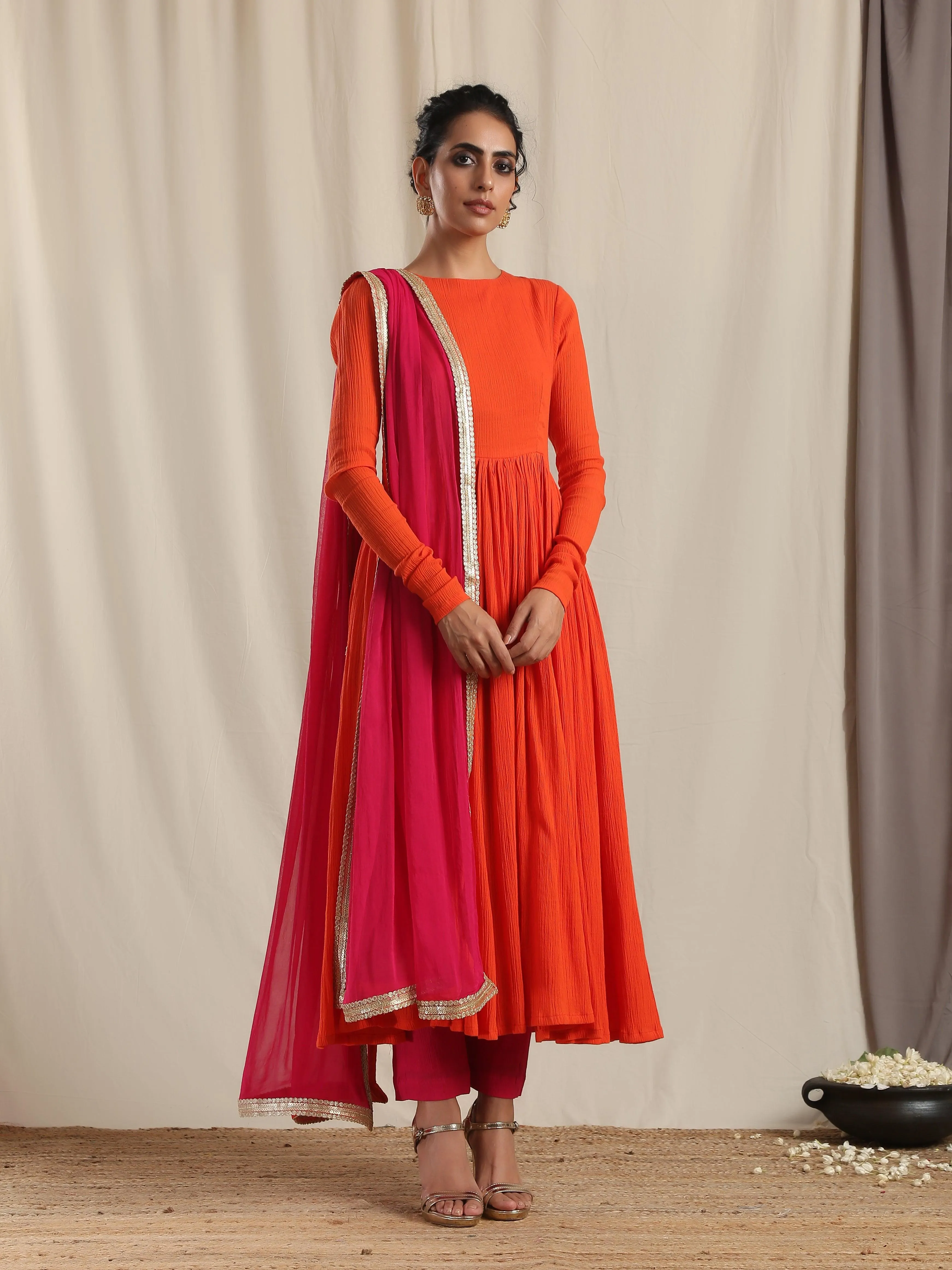 Orange Crinkle Flared Kurta Pant Dupatta Set | Relove