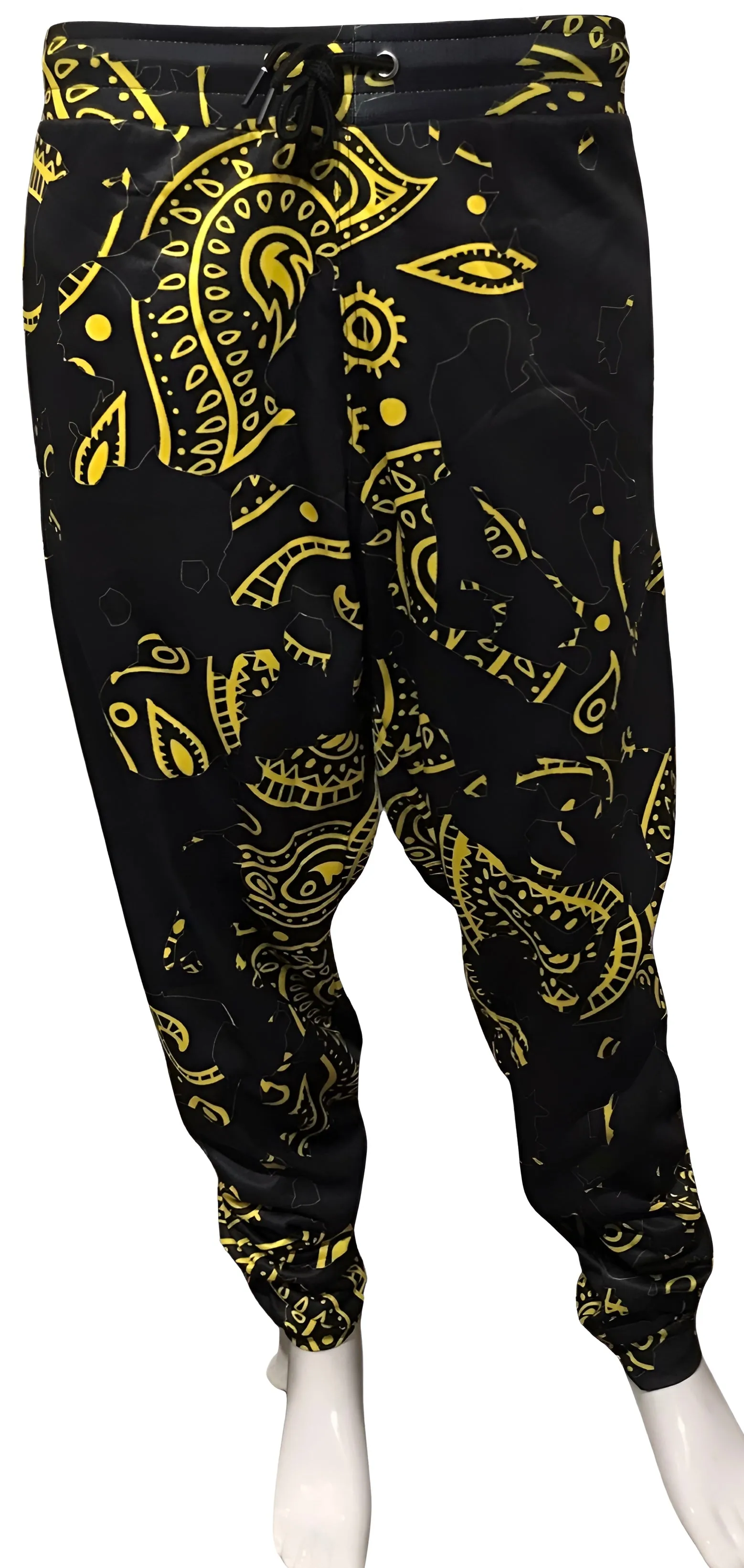 ^OUTFIT KINGS^ BANDANA JOGGER SWEATPANTS ~BLACK-YELLOW PAISLEY~ “THE SHATTER SERIES” (5XL)