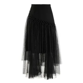 Patchwork Tassels Mesh Skirt For Women High Waist A Line Casual Midi Skirts Female Summer Clothing Style