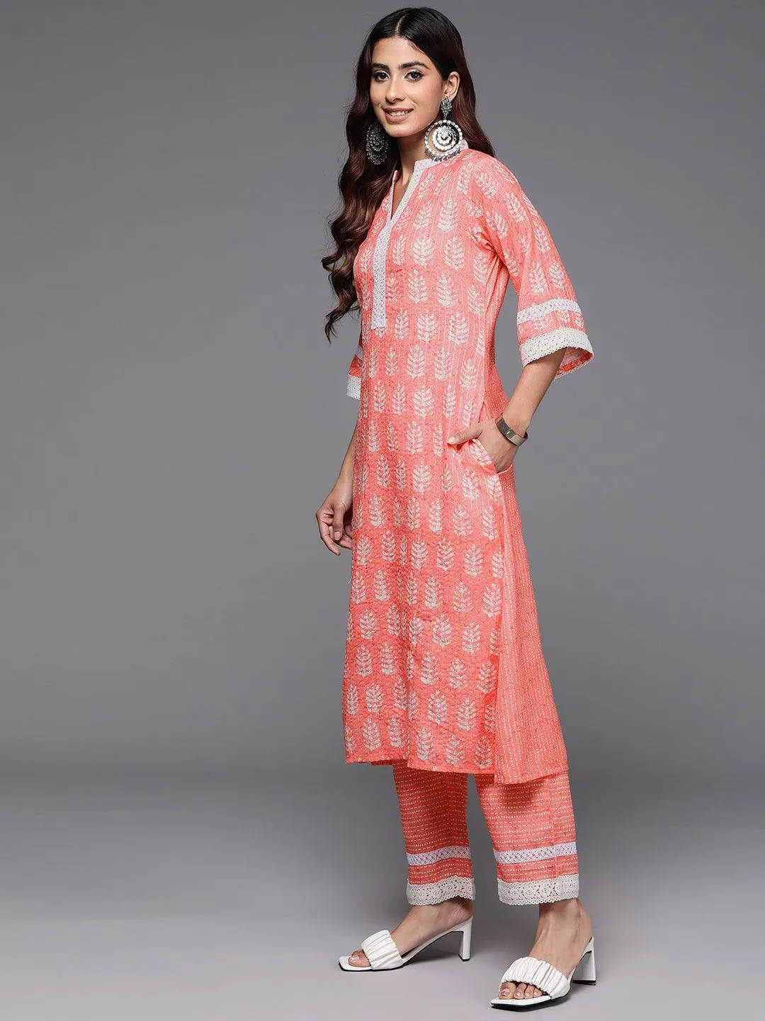 Peach Printed Cotton Blend A-Line Kurta With Trousers