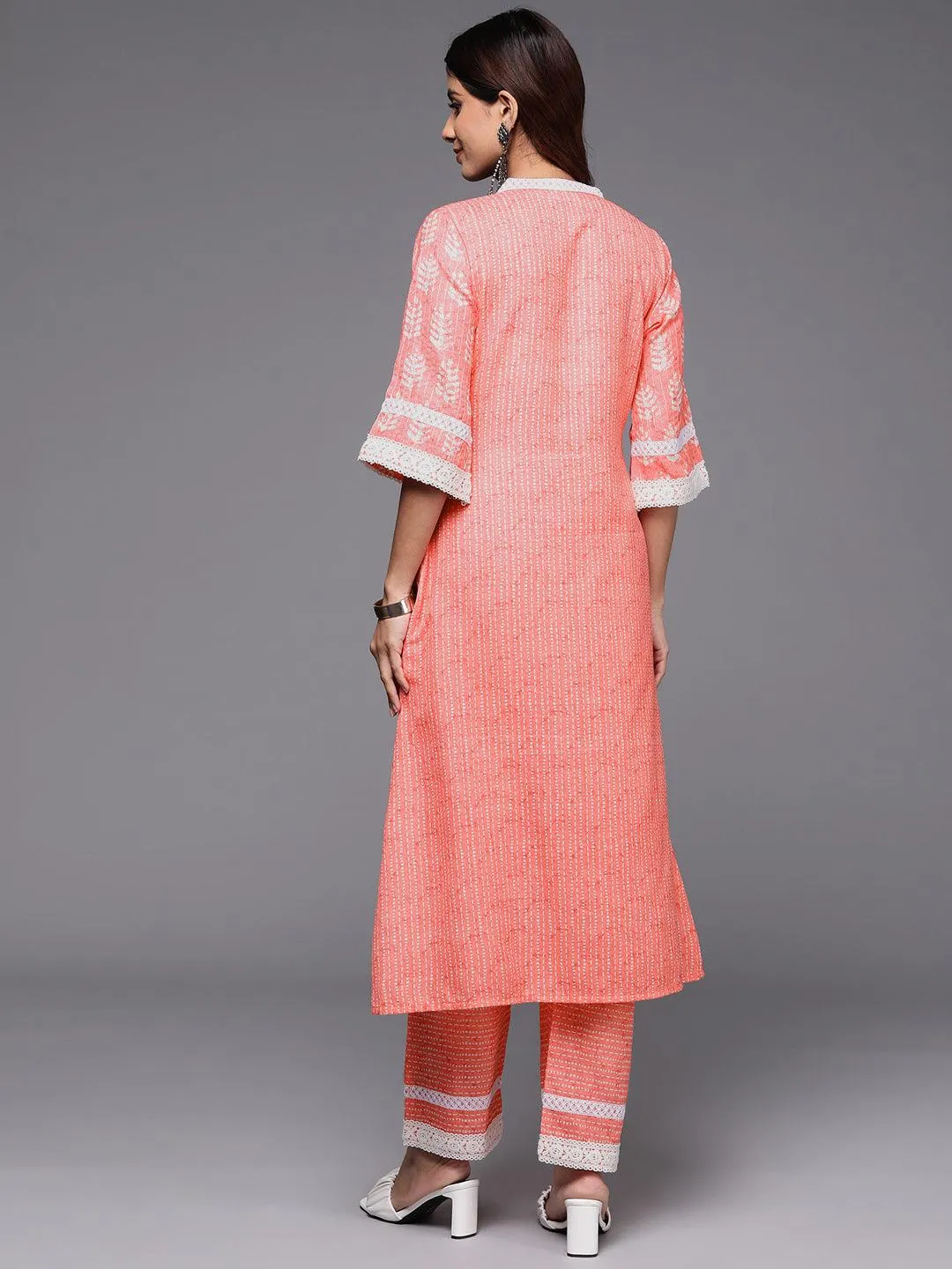 Peach Printed Cotton Blend A-Line Kurta With Trousers