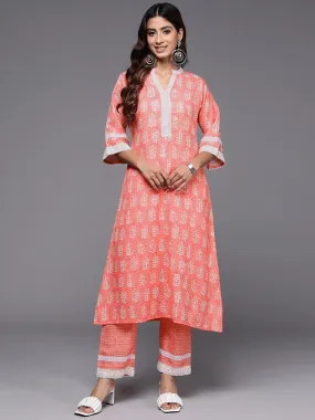 Peach Printed Cotton Blend A-Line Kurta With Trousers