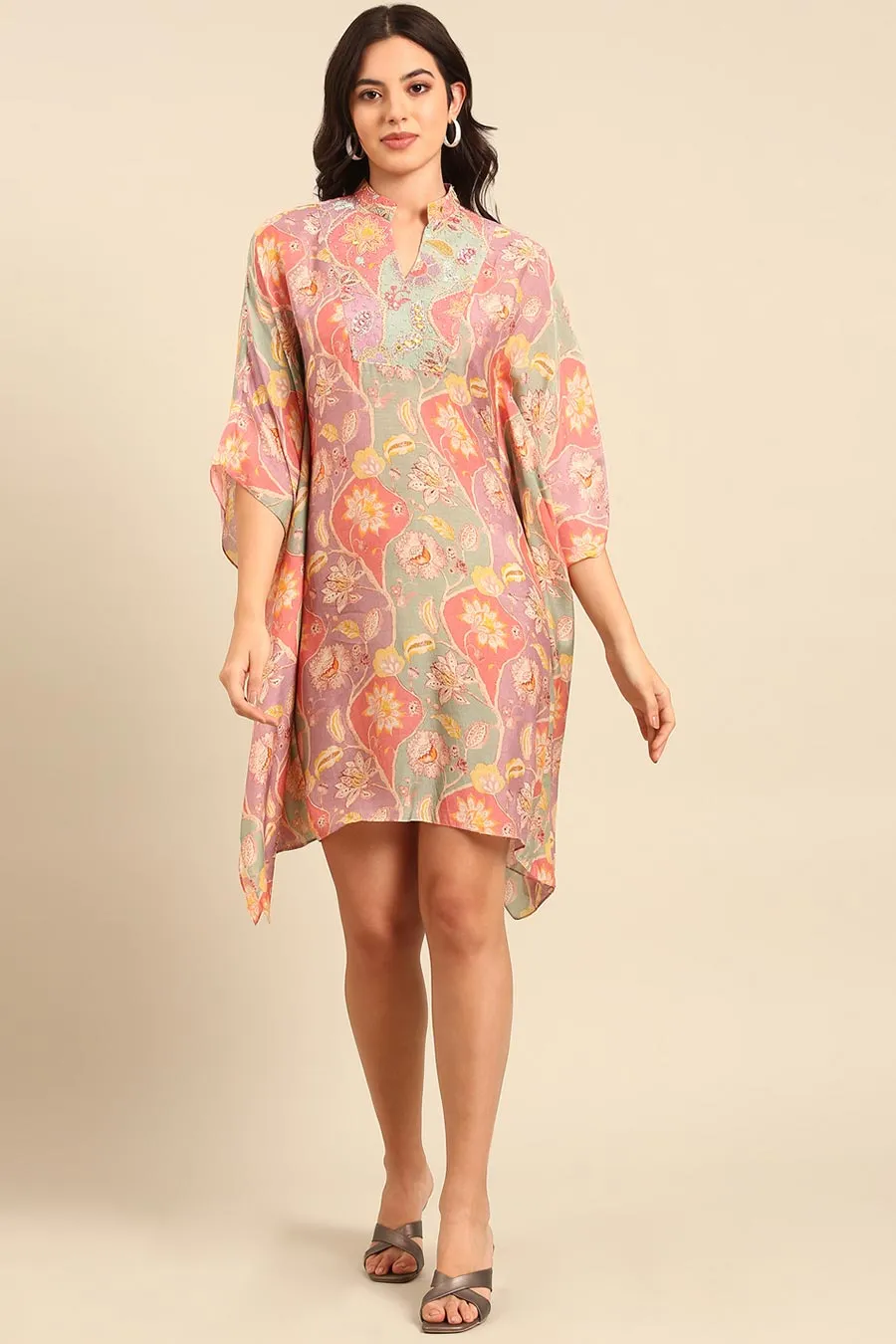 Peach Printed Kaftan & Pant Co-Ord Set