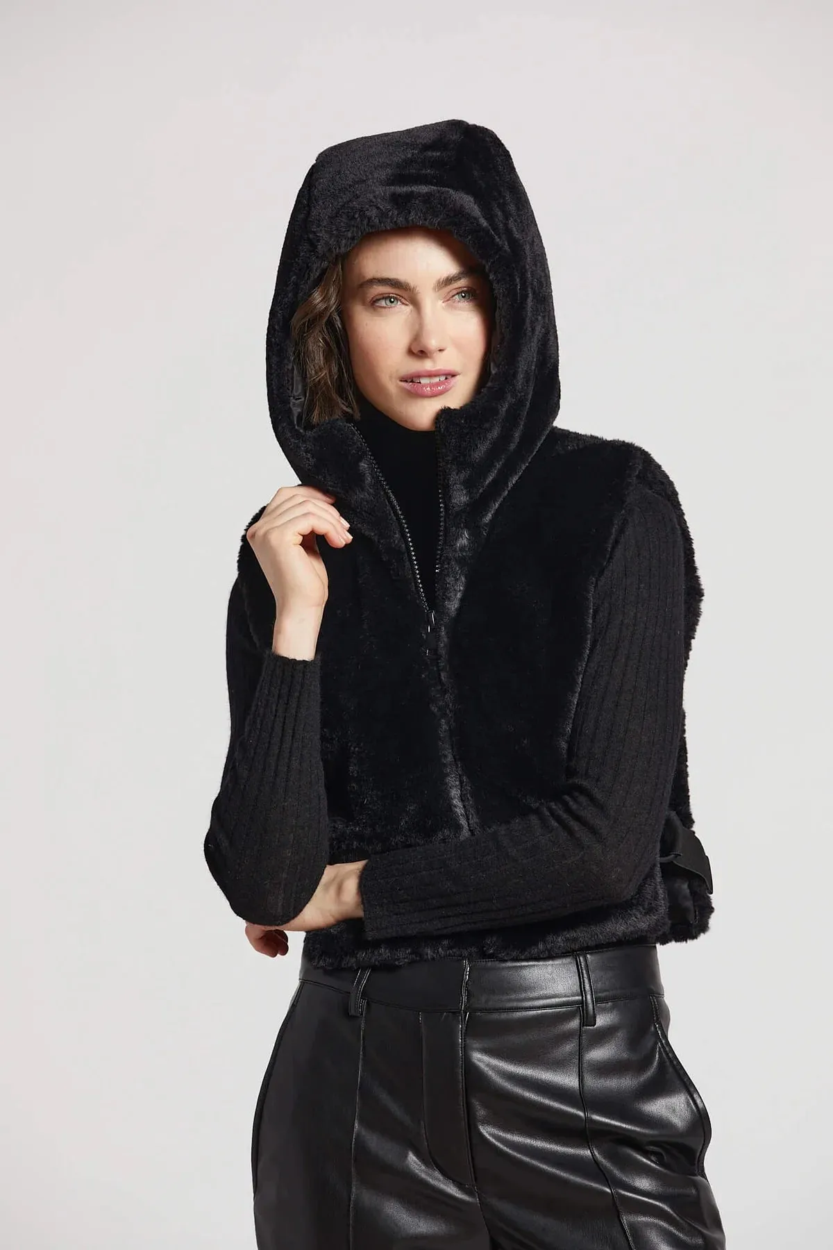 Peanut Faux Fur Hooded Vest - Black