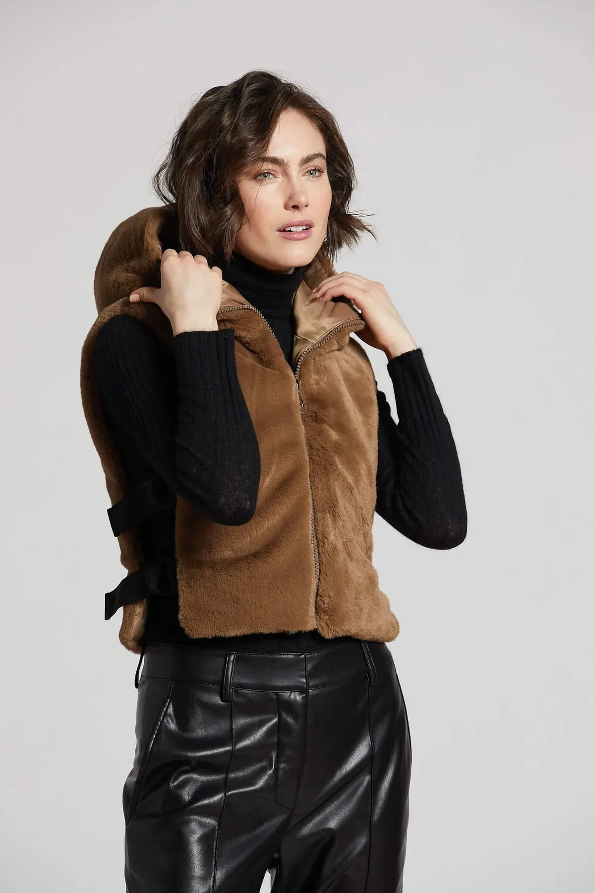 Peanut Faux Fur Hooded Vest - Walnut