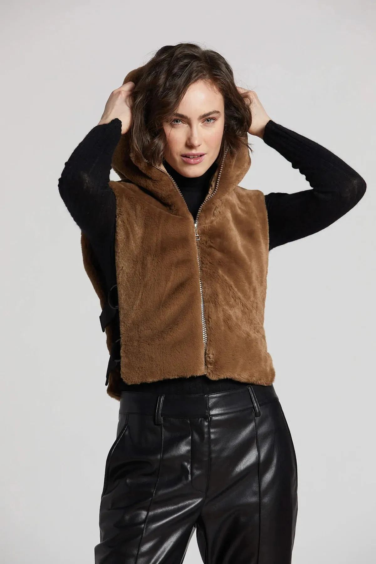 Peanut Faux Fur Hooded Vest - Walnut