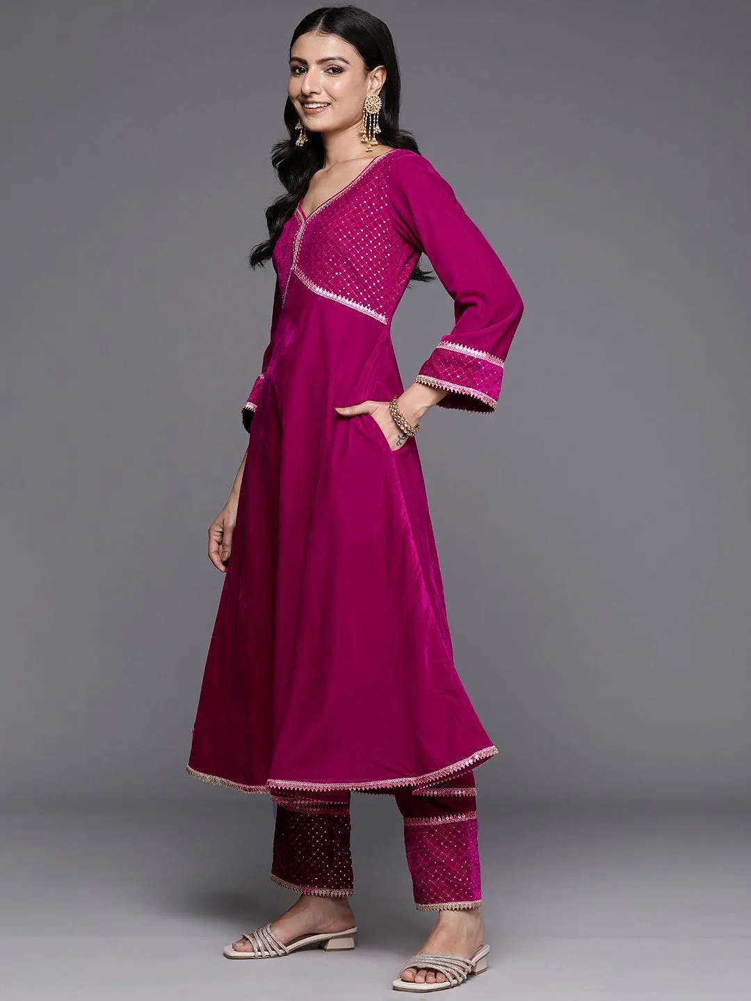 Pink Embroidered Velvet Anarkali Suit With Dupatta