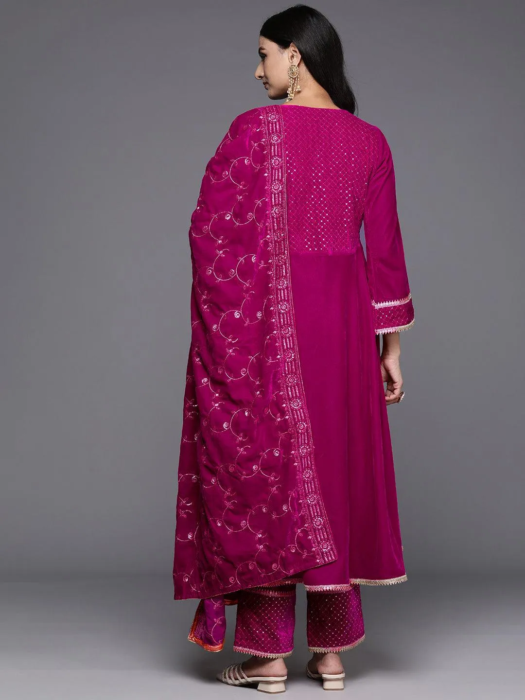 Pink Embroidered Velvet Anarkali Suit With Dupatta