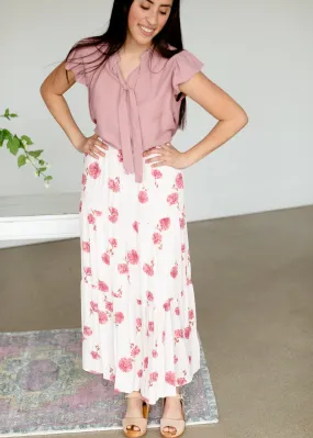 Pink Floral Tiered Midi Skirt