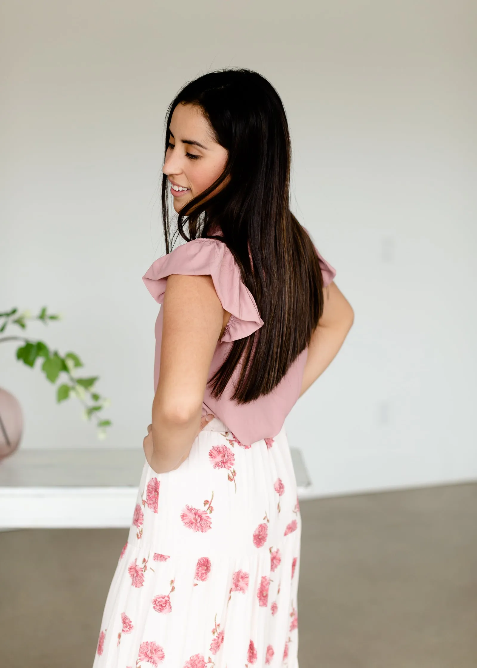 Pink Floral Tiered Midi Skirt