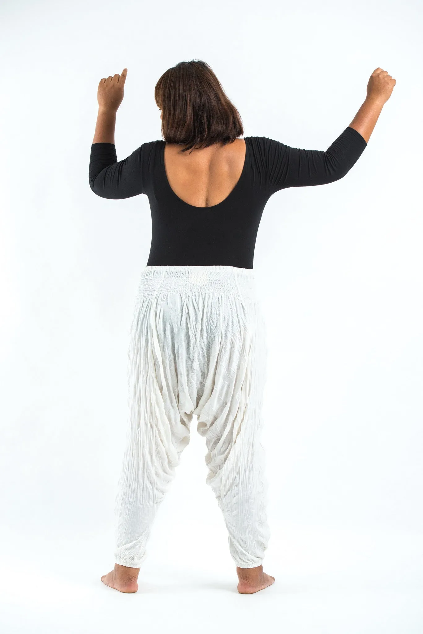 Plus Size Unisex Crinkled Cotton Harem Pants in White