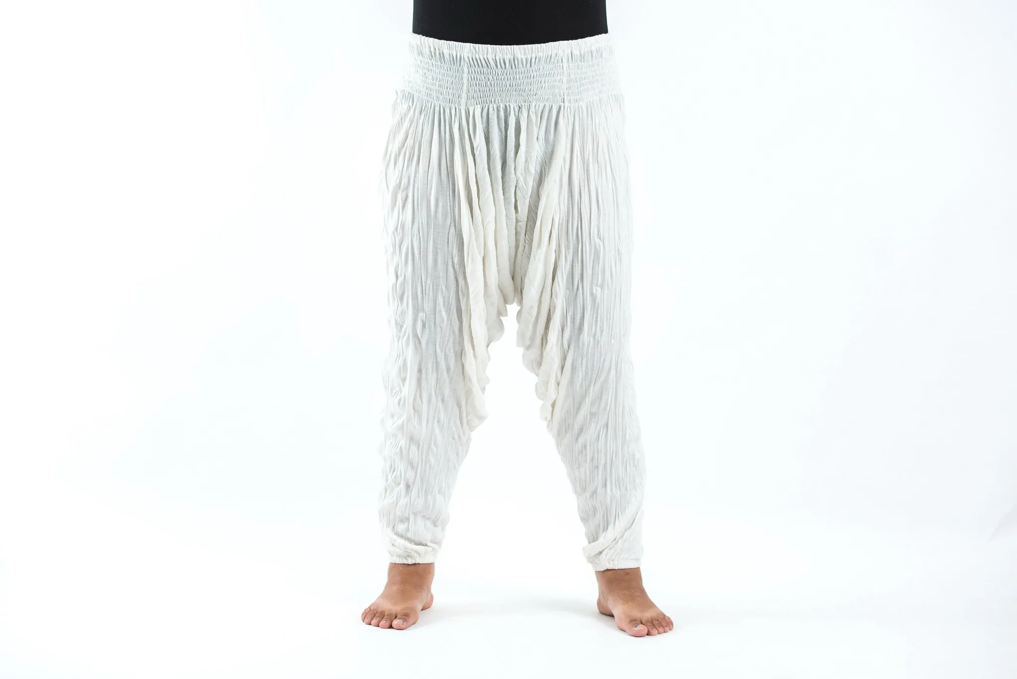 Plus Size Unisex Crinkled Cotton Harem Pants in White