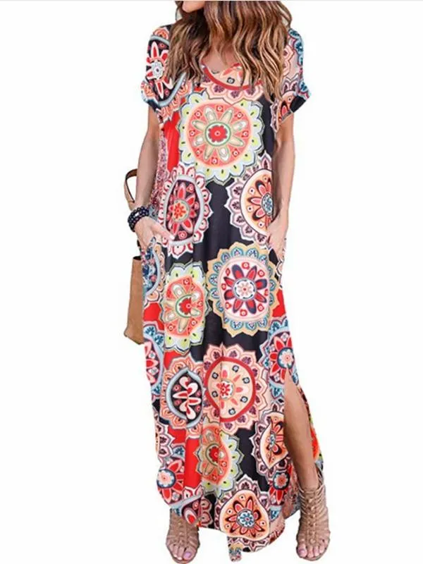 Printed Short Sleeve Pullover V-neck Knit Casual Long Dress-1