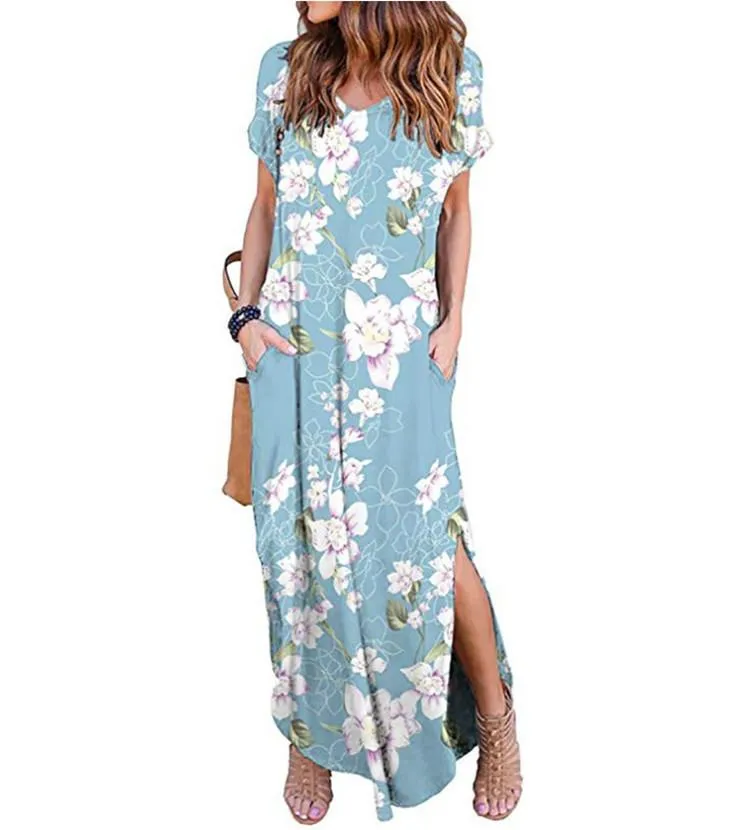 Printed Short Sleeve Pullover V-neck Knit Casual Long Dress-1