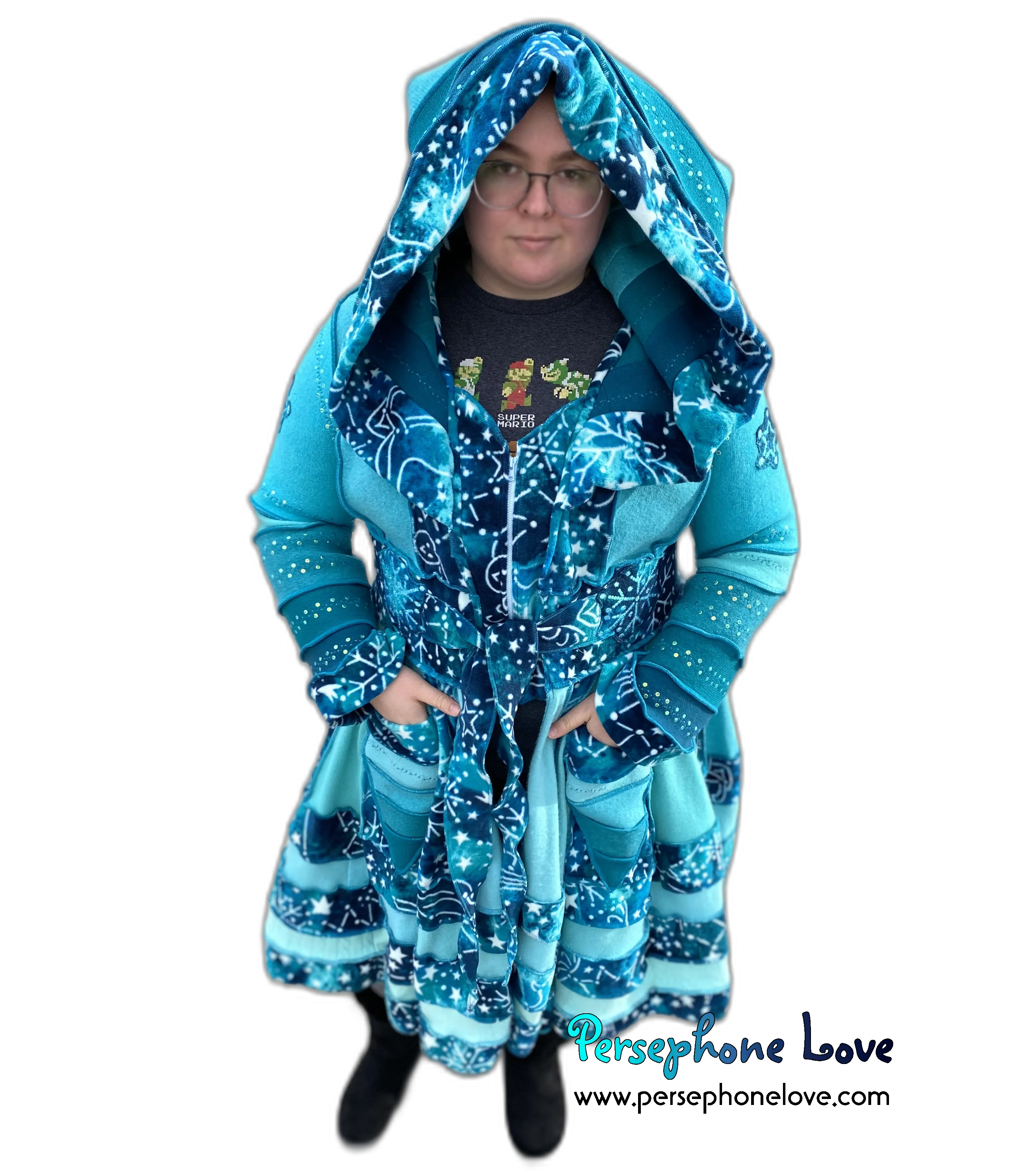 "Beyond The Sun" GODDESS SIZE Light Teal embroidered/felted cashmere Katwise-inspired patchwork sweatercoat-2525