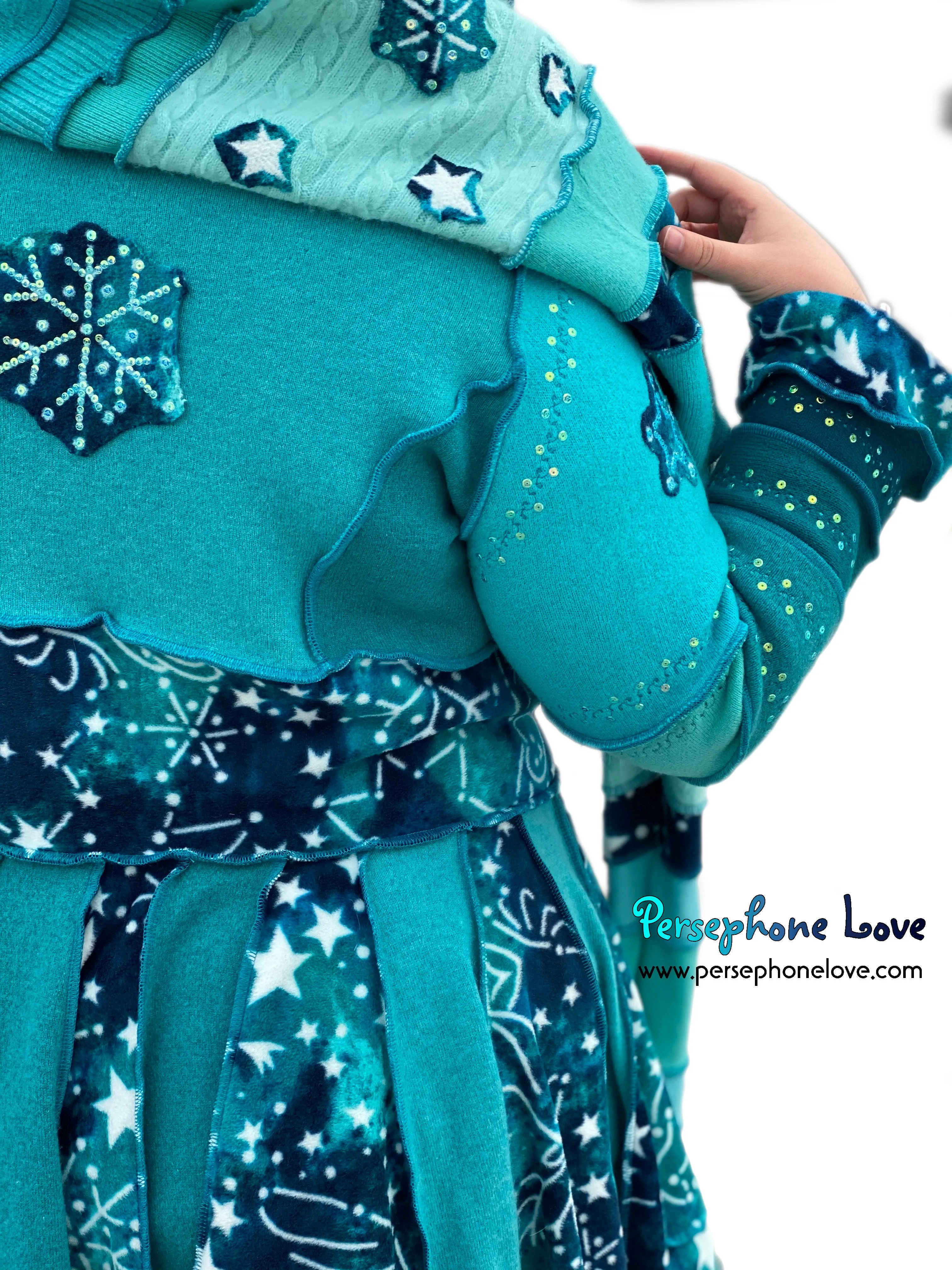 "Beyond The Sun" GODDESS SIZE Light Teal embroidered/felted cashmere Katwise-inspired patchwork sweatercoat-2525