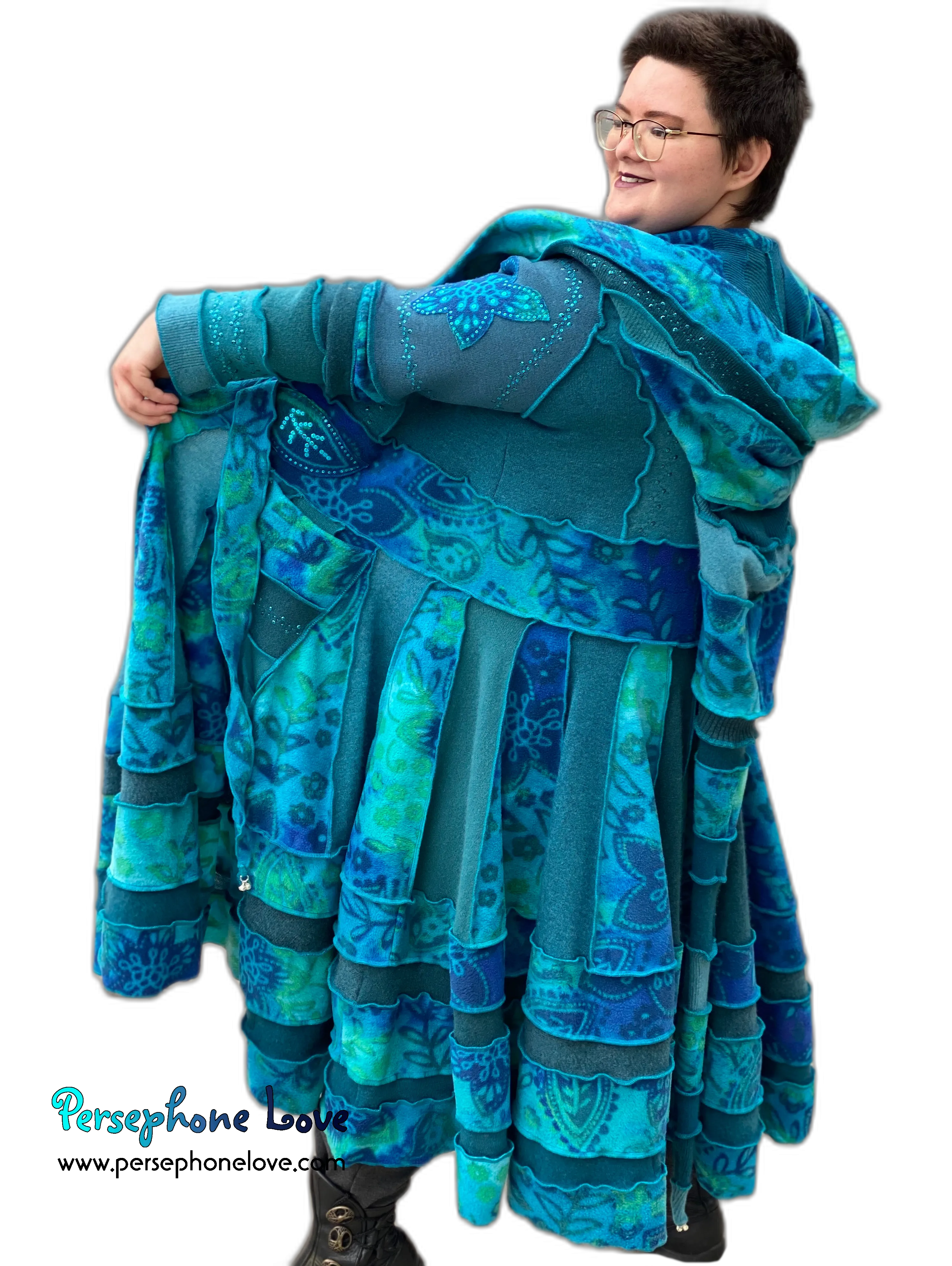 "Dreamdance" GODDESS SIZE Teal floral paisley embroidered/felted/sequins cashmere patchwork Katwise-inspired sweatercoat-2541