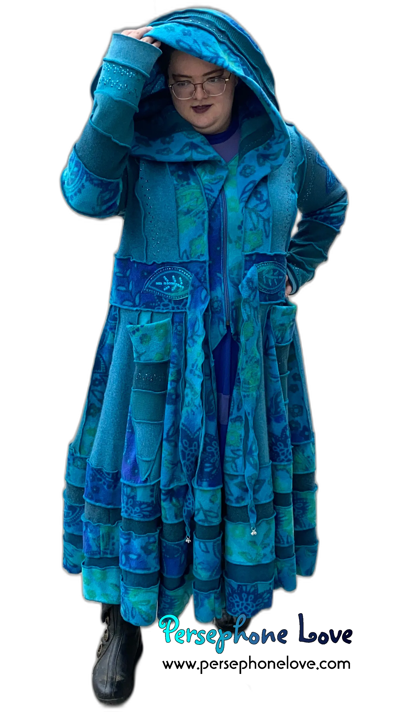 "Dreamdance" GODDESS SIZE Teal floral paisley embroidered/felted/sequins cashmere patchwork Katwise-inspired sweatercoat-2541