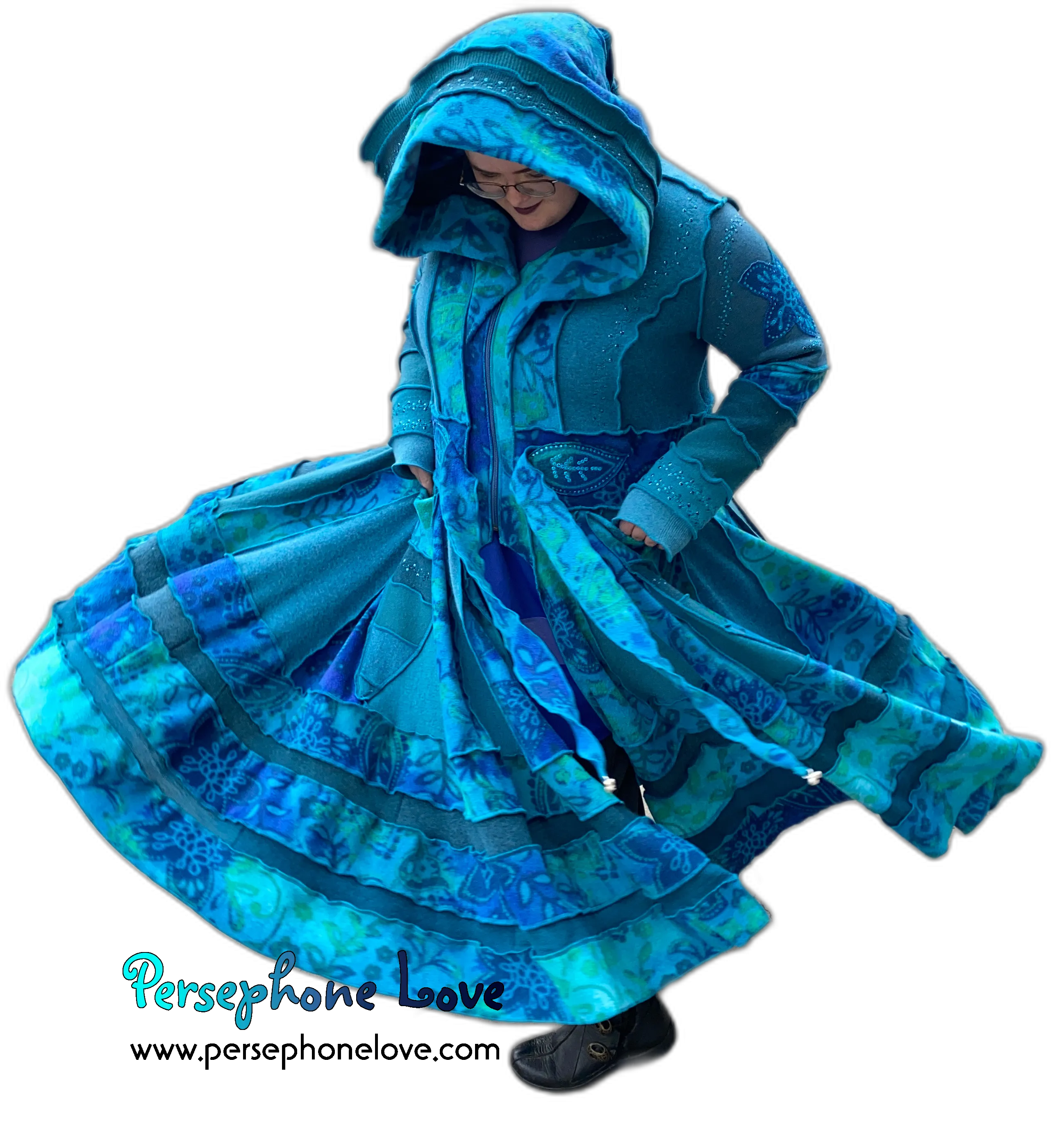 "Dreamdance" GODDESS SIZE Teal floral paisley embroidered/felted/sequins cashmere patchwork Katwise-inspired sweatercoat-2541