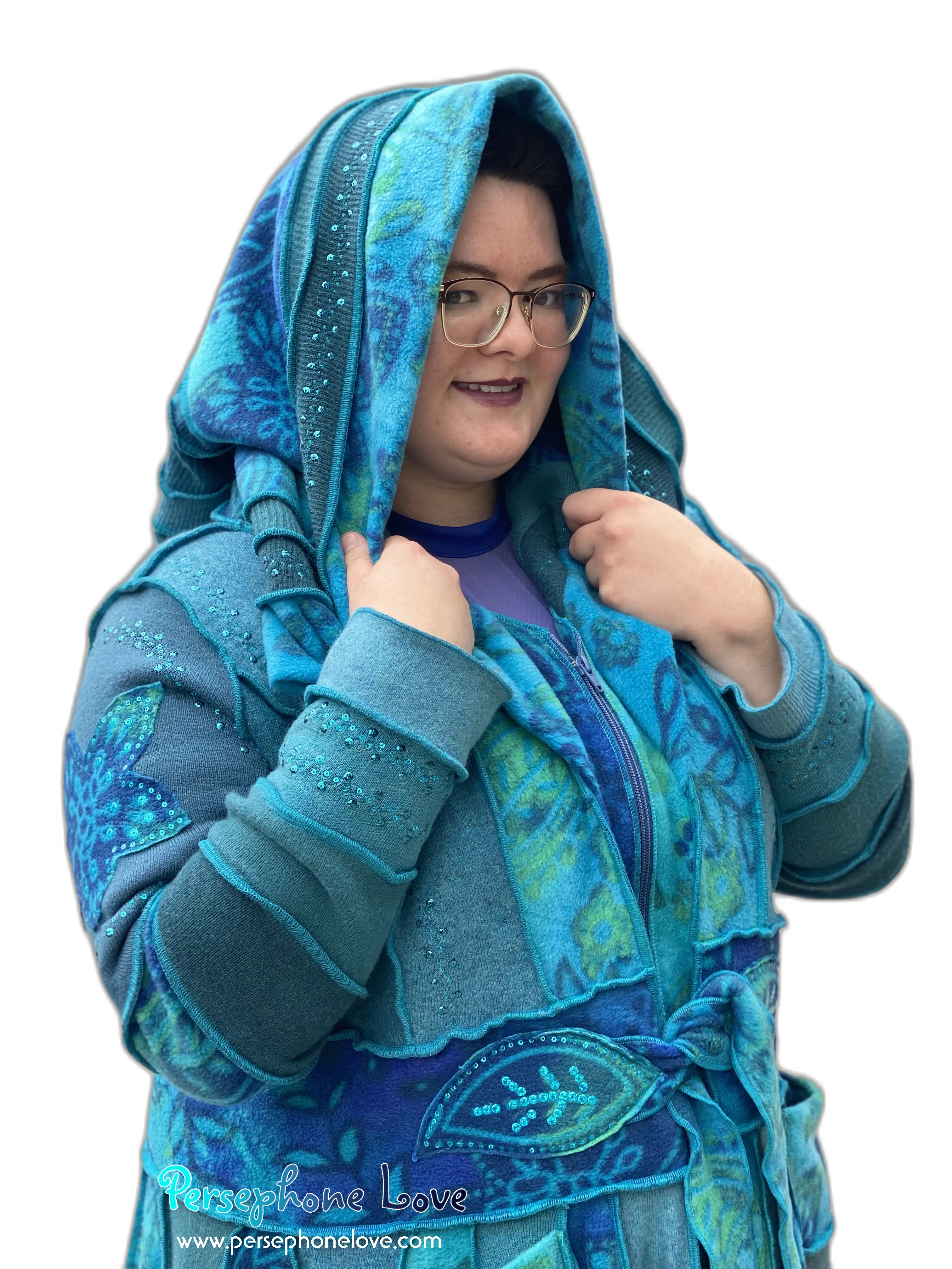 "Dreamdance" GODDESS SIZE Teal floral paisley embroidered/felted/sequins cashmere patchwork Katwise-inspired sweatercoat-2541