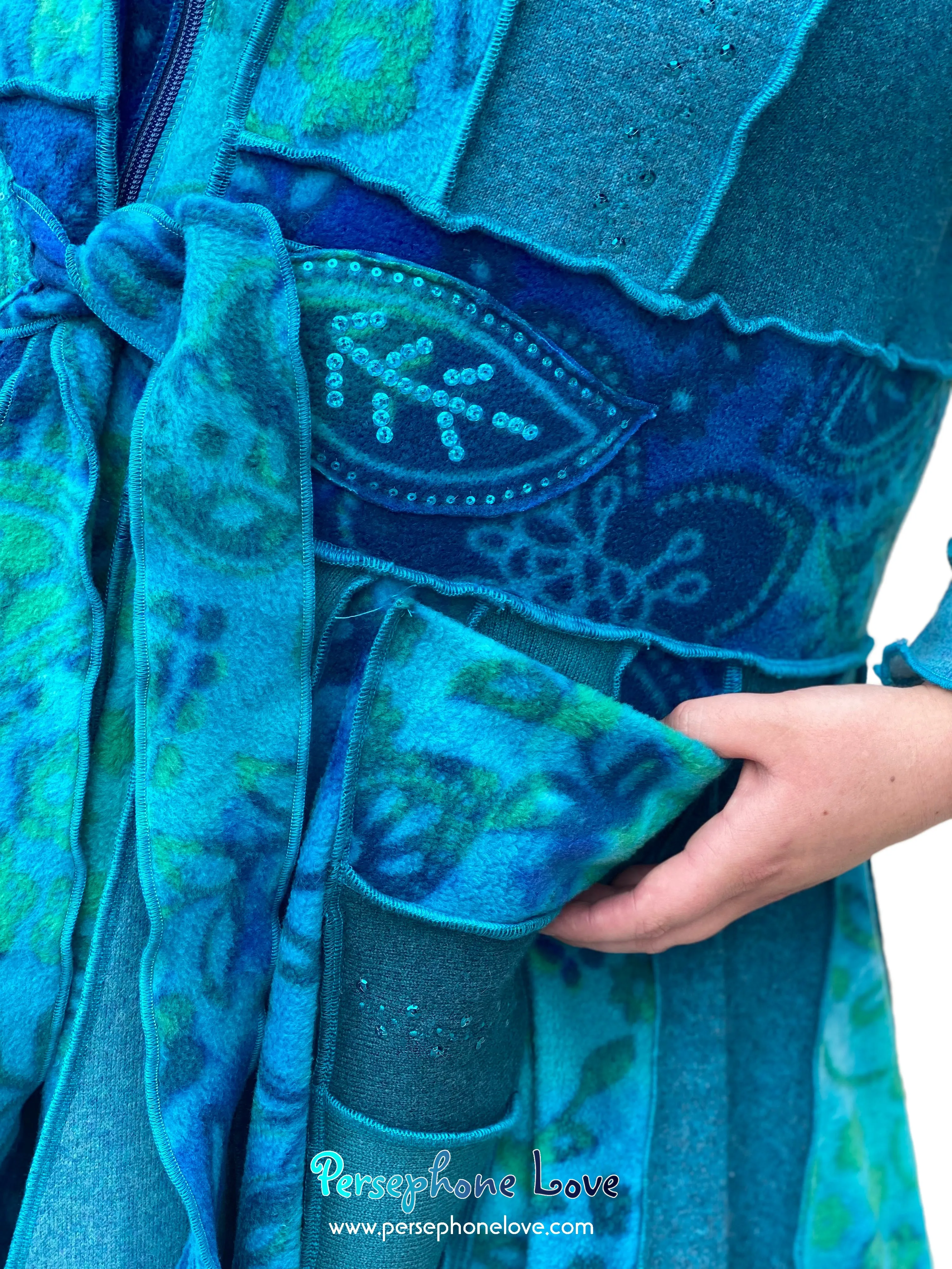 "Dreamdance" GODDESS SIZE Teal floral paisley embroidered/felted/sequins cashmere patchwork Katwise-inspired sweatercoat-2541