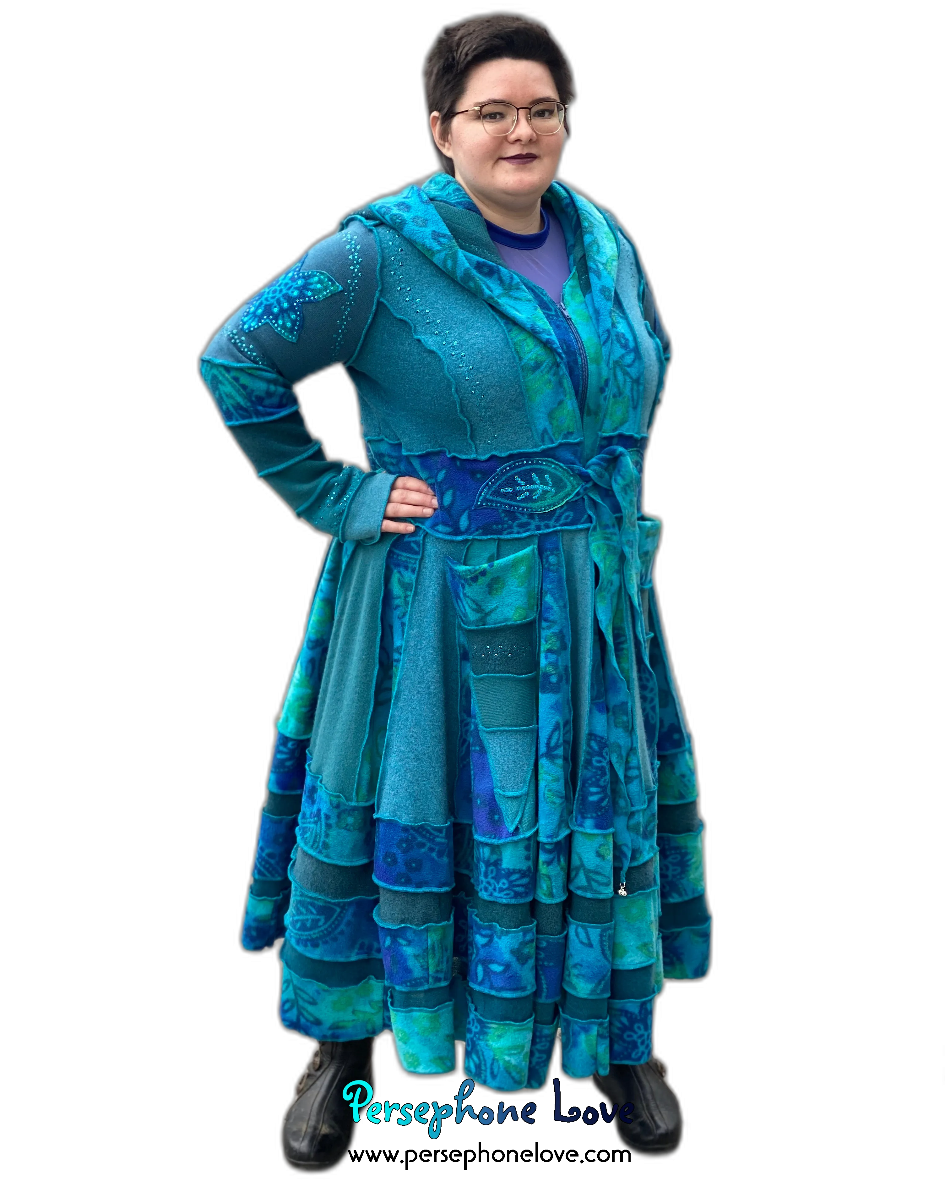 "Dreamdance" GODDESS SIZE Teal floral paisley embroidered/felted/sequins cashmere patchwork Katwise-inspired sweatercoat-2541