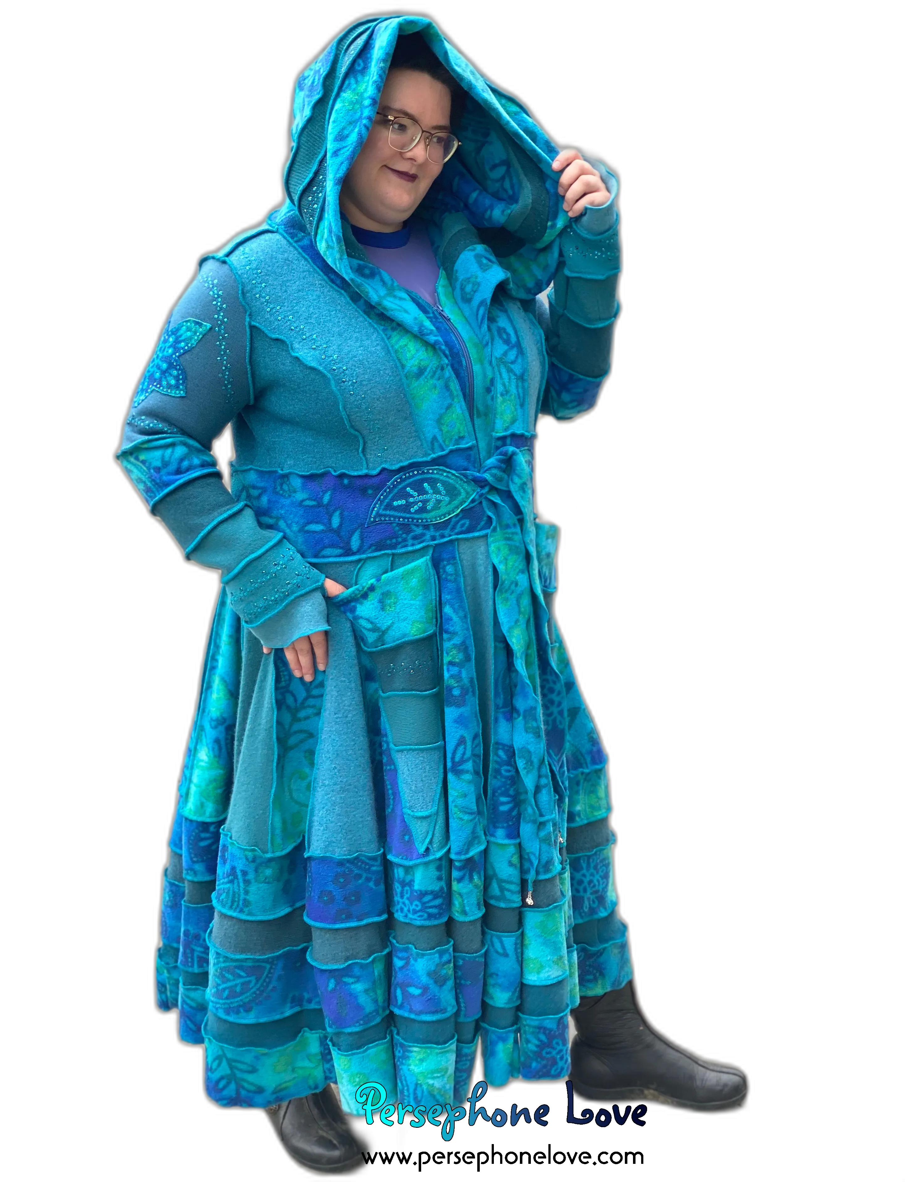 "Dreamdance" GODDESS SIZE Teal floral paisley embroidered/felted/sequins cashmere patchwork Katwise-inspired sweatercoat-2541