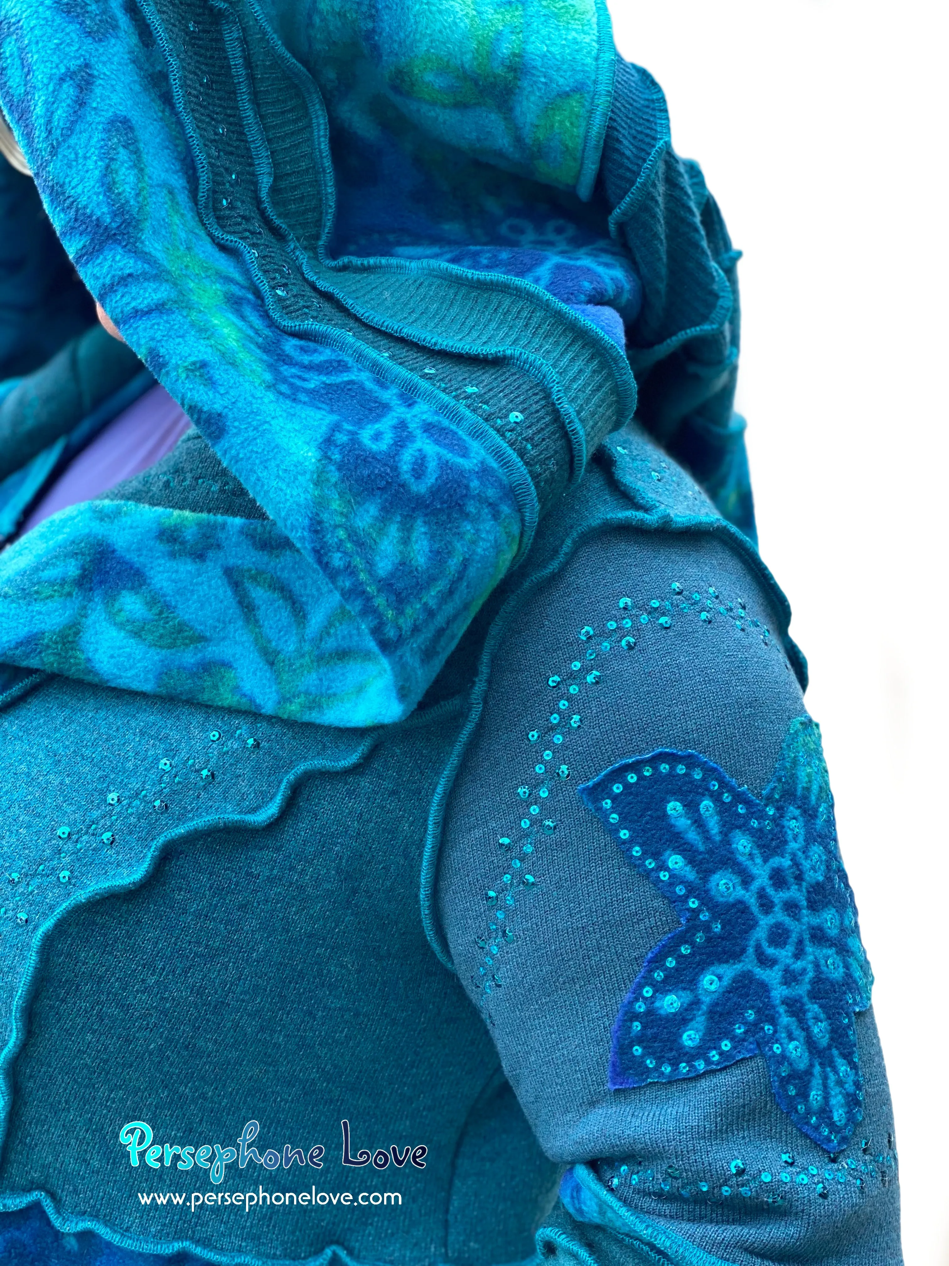 "Dreamdance" GODDESS SIZE Teal floral paisley embroidered/felted/sequins cashmere patchwork Katwise-inspired sweatercoat-2541